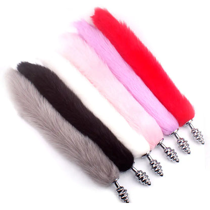 Adult Spiral Rotating Fox Tail Anal Plug with Fur